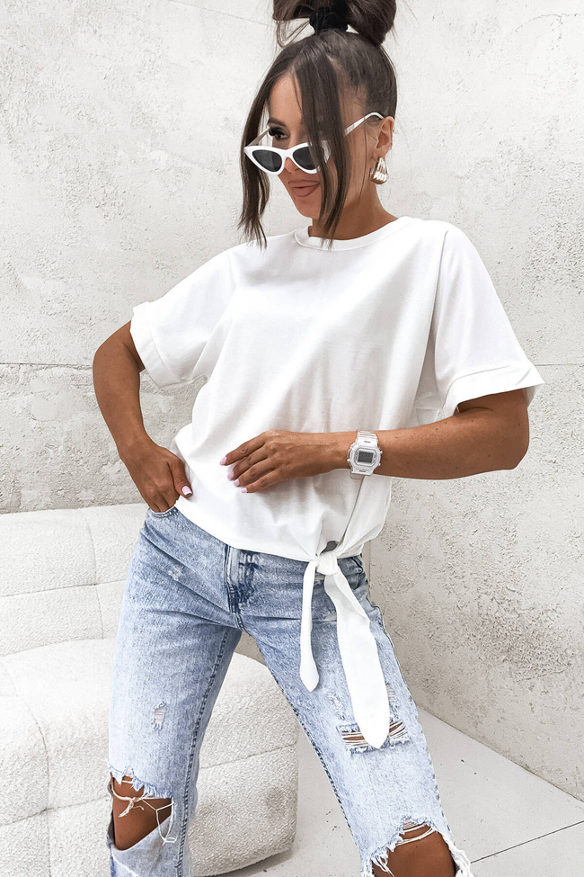BLUZKA NA KRÓTKI RĘKAW WIĄZANA NA BOKU- BIAŁA
