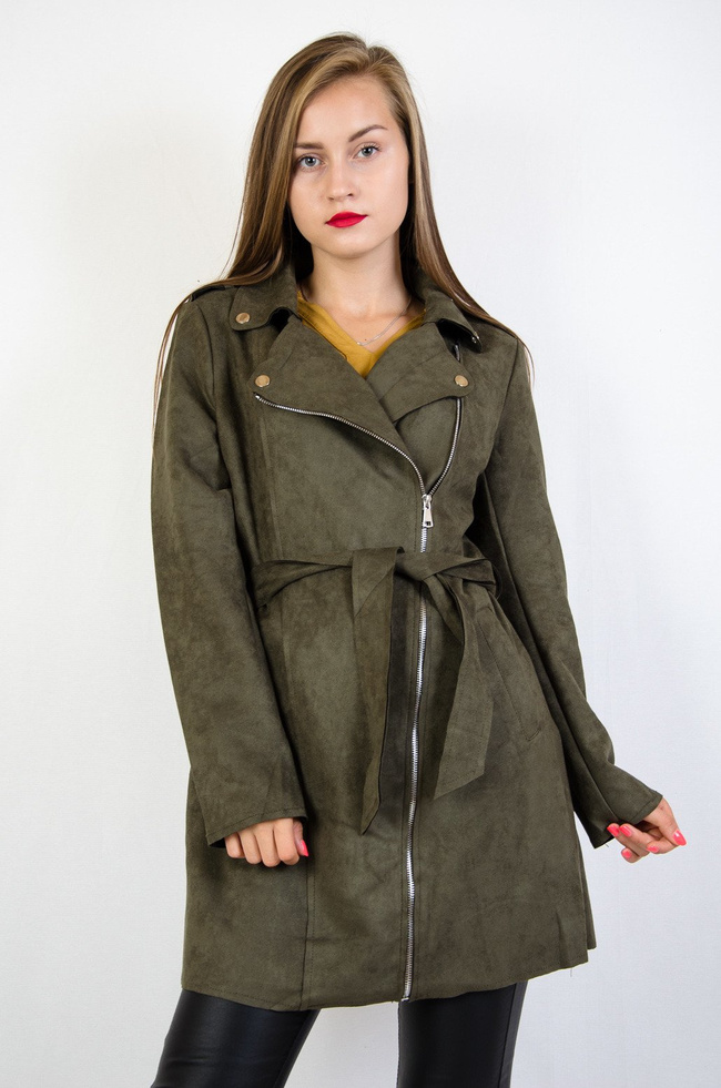 Zielony zamszowy płaszcz zapinany na zamek