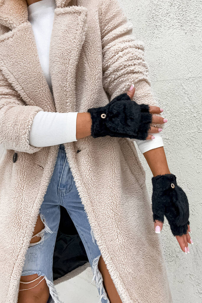 RĘKAWICZKI PIĘCIOPLACZASTE Z KLAPKA- CZARNE