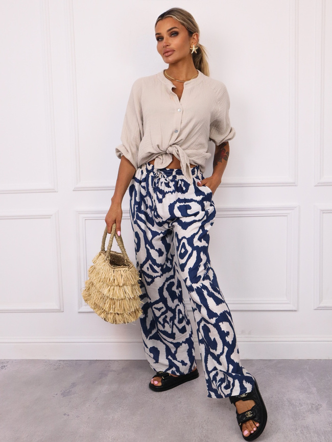 SPODNIE WZORZYSTE Z GUMĄ I WIĄZANIEM W PASIE- NIEBIESKIE