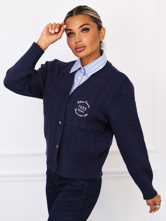 SWETER KARDIGAN Z WARKOCZOWYM SPLOTEM I KOSZULOWĄ WSTAWKĄ- GRANATOWY