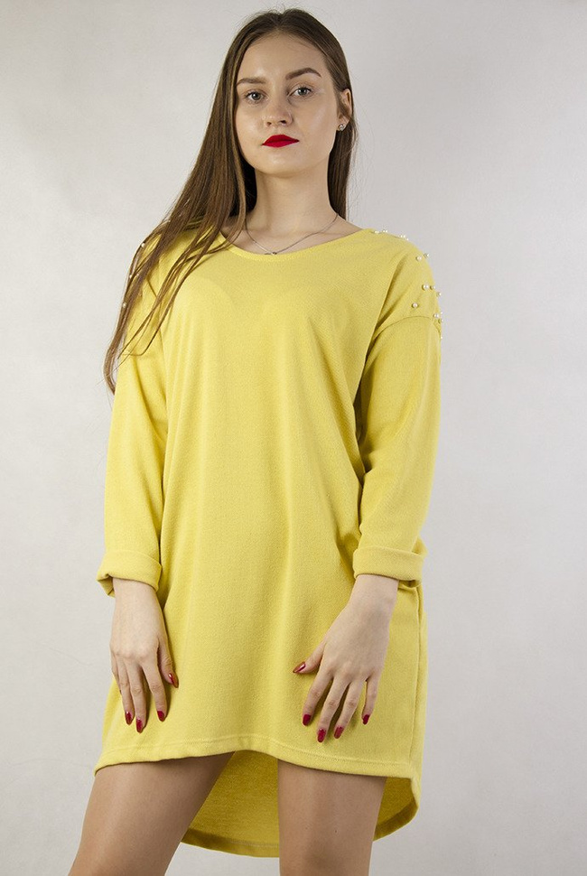 Żółta asymetryczna tunika z perełkami oraz wycięciem na plecach