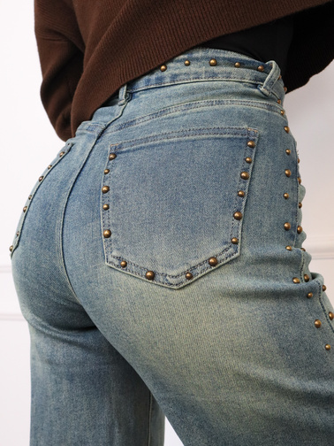 SPODNIE JEANSOWE Z SZEROKIMI NOGAWKAMI I OZDOBNYMI DŻETAMI- GRANATOWE