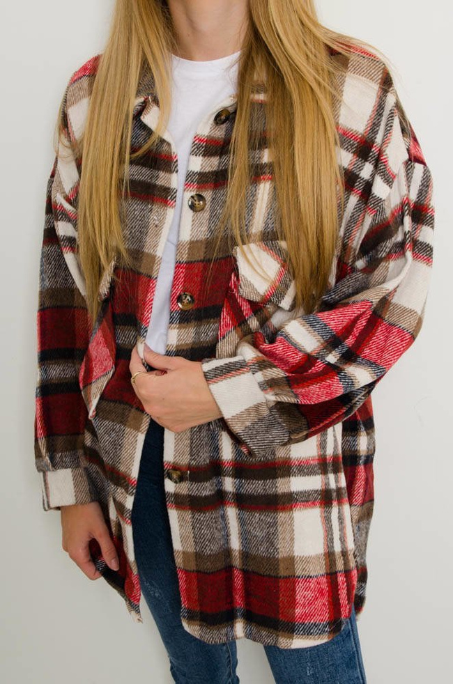 KURTKA KOSZULOWA W KRATĘ - CZERWONA