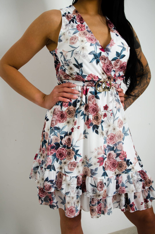 BIAŁA SUKIENKA W KWIATY Z PASKIEM