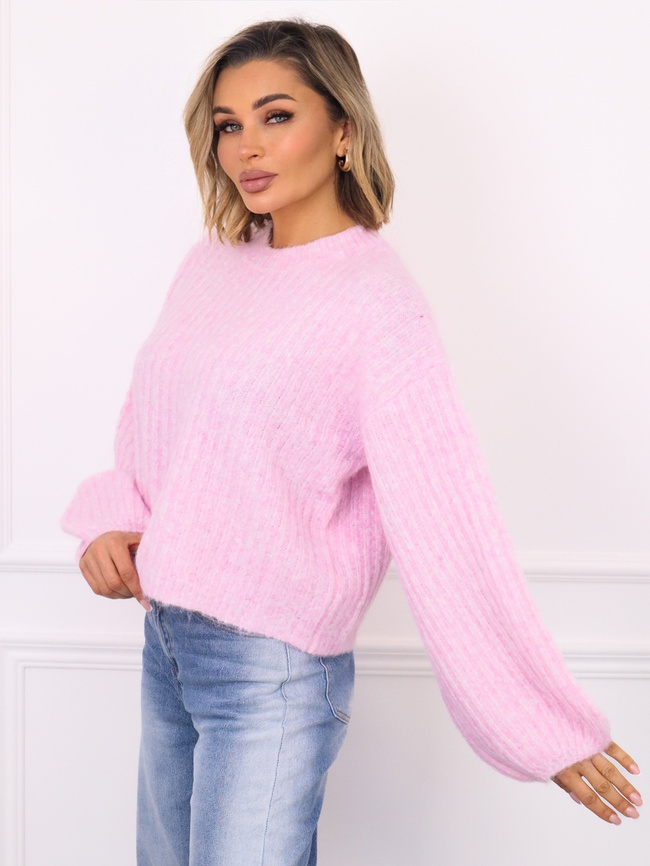 SWETER KRÓTKI Z DOMIESZKĄ WEŁNY Z BUFIASTYMI RĘKAWAMI- JASNORÓŻOWY