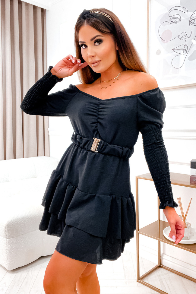 KOMBINEZON Z MARSZCZONYMI RĘKAWAMI I SPÓDNICĄ- CZARNY