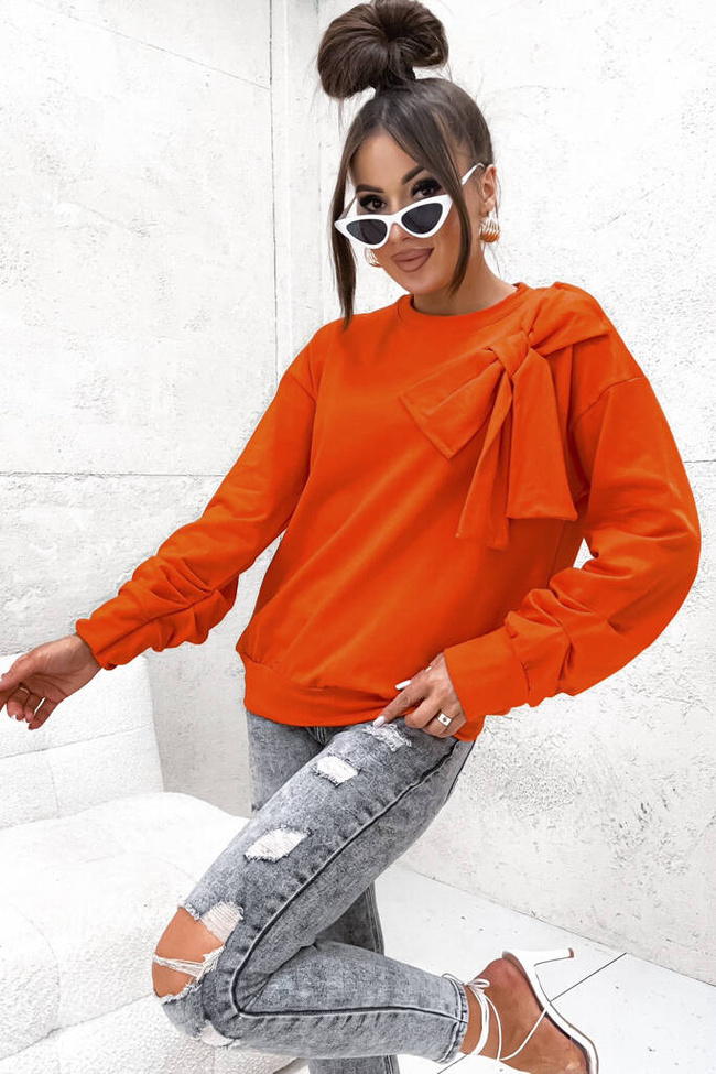 BLUZA Z OZDOBNĄ KOKARDĄ I MARSZCZENIAMI NA RĘKAWACH- POMARAŃCZOWA