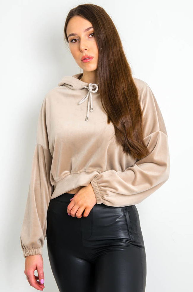 BEŻOWA WELUROWA BLUZA Z KAPTUREM -LUŹNY KRÓJ