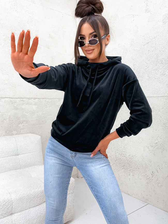 WELUROWA BLUZA Z KAPTUREM- CZARNA