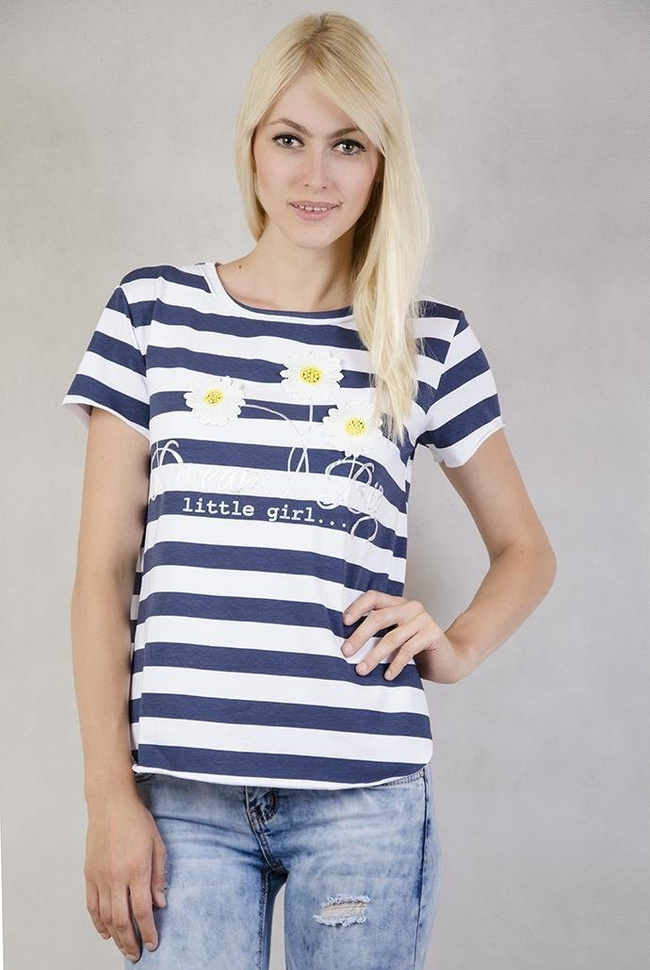 Bluzka w biało-granatowe paski z trzema stokrotkami
