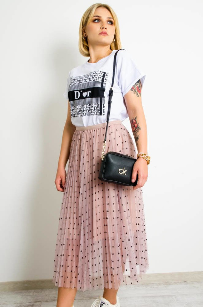 RÓŻOWA PLISOWANA SPÓDNICA MIDI Z TIULU W CZARNE KROPKI