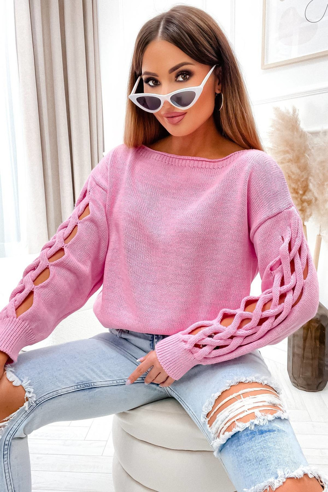 SWETER Z OZDOBNYM SPLOTEM NA RĘKAWACH- RÓŻOWY