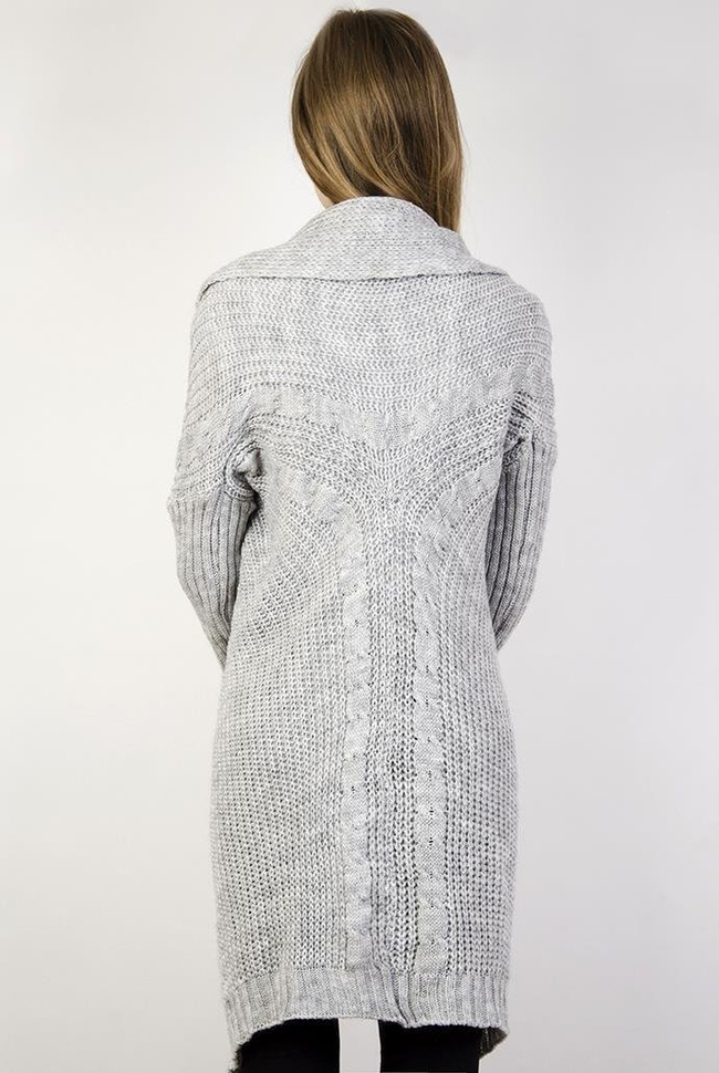 Jasnoszary sweter kardigan z wywijanym kołnierzem