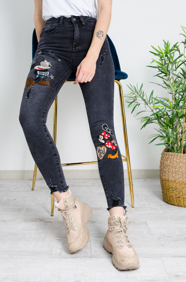 CIEMNO-SZARE SPODNIE JEANSOWE Z NASZYWKĄ MYSZKI - WYSOKI STAN