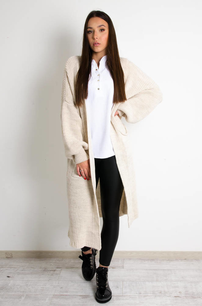 BEŻOWY DŁUGI SWETER KARDIGAN Z SZEROKIMI RĘKAWAMI