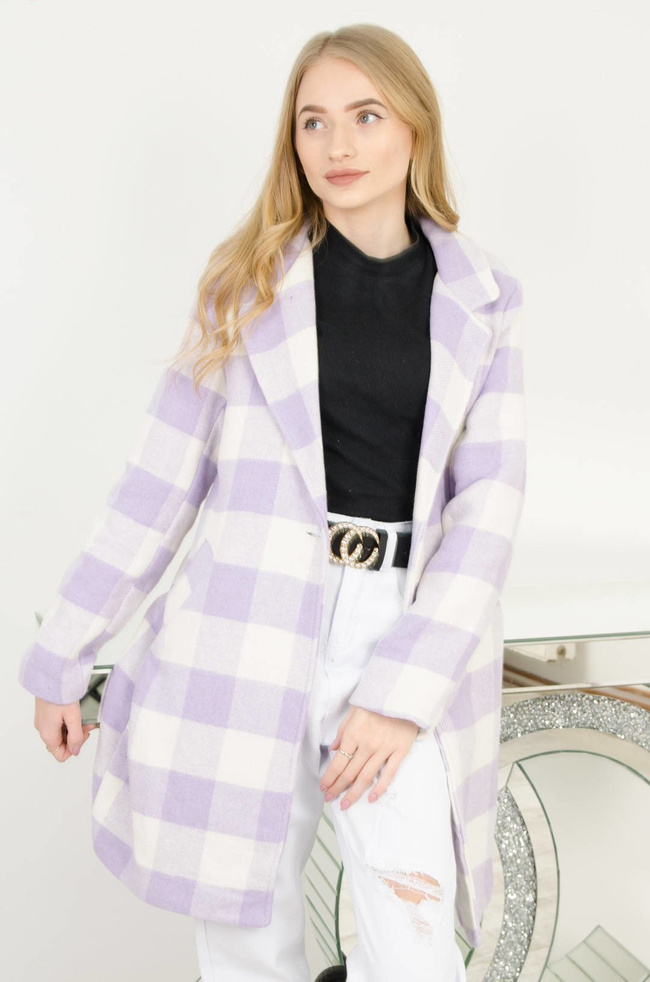 BIAŁO-FIOLETOWY PŁASZCZ W KRATĘ