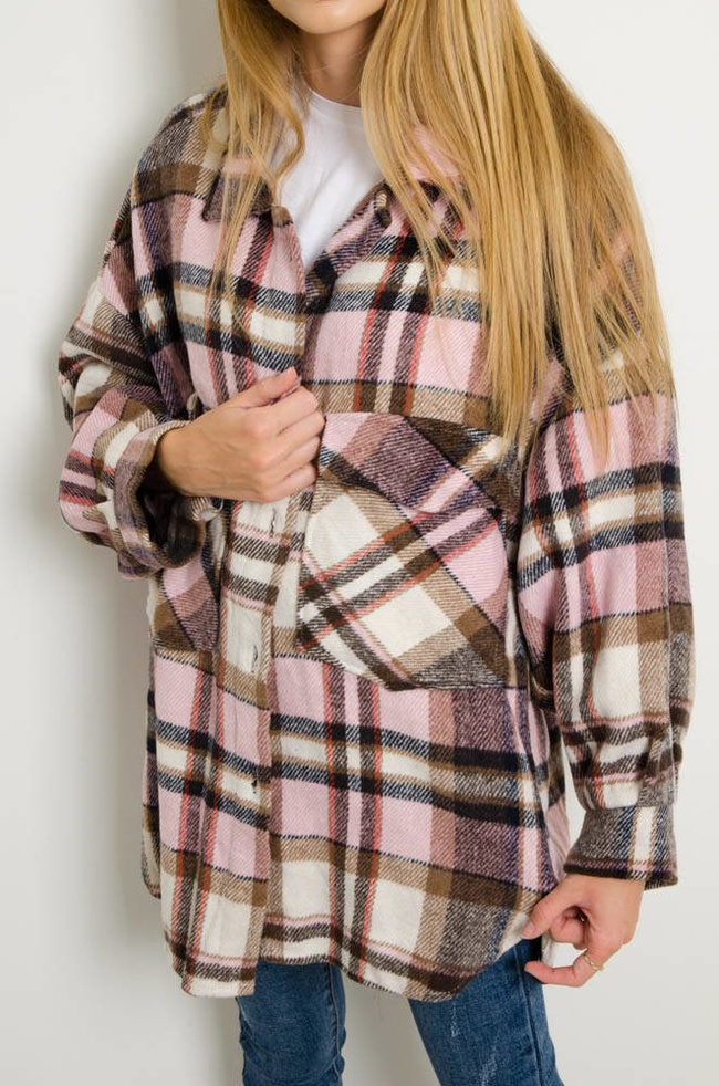 KURTKA KOSZULOWA W KRATĘ - RÓŻOWA