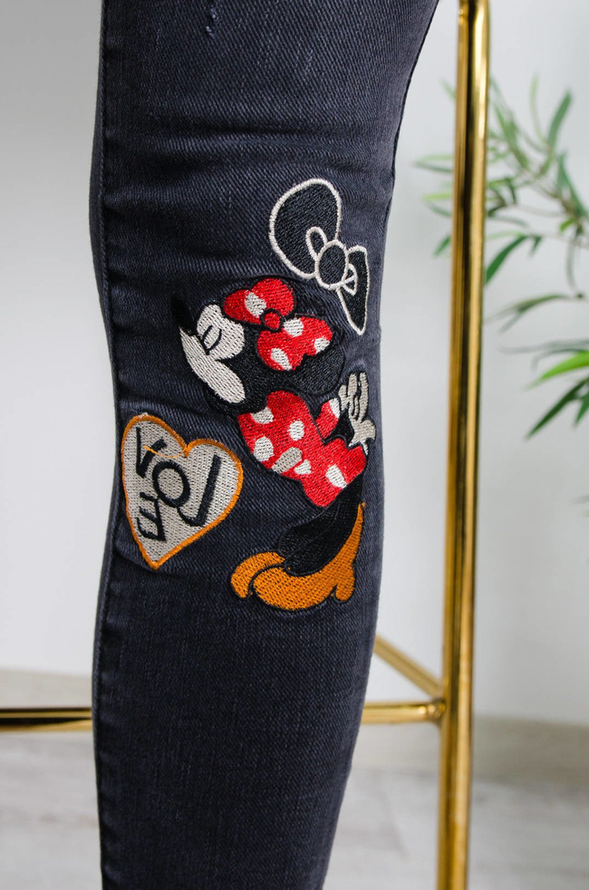 CIEMNO-SZARE SPODNIE JEANSOWE Z NASZYWKĄ MYSZKI - WYSOKI STAN 