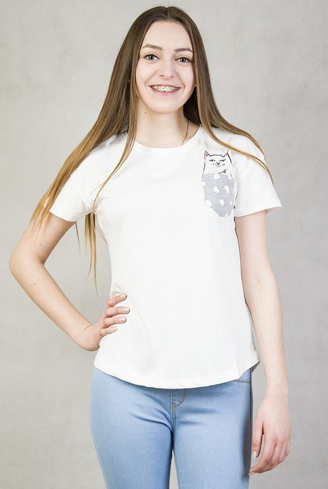 Biała bluzka z kotem w kieszonce