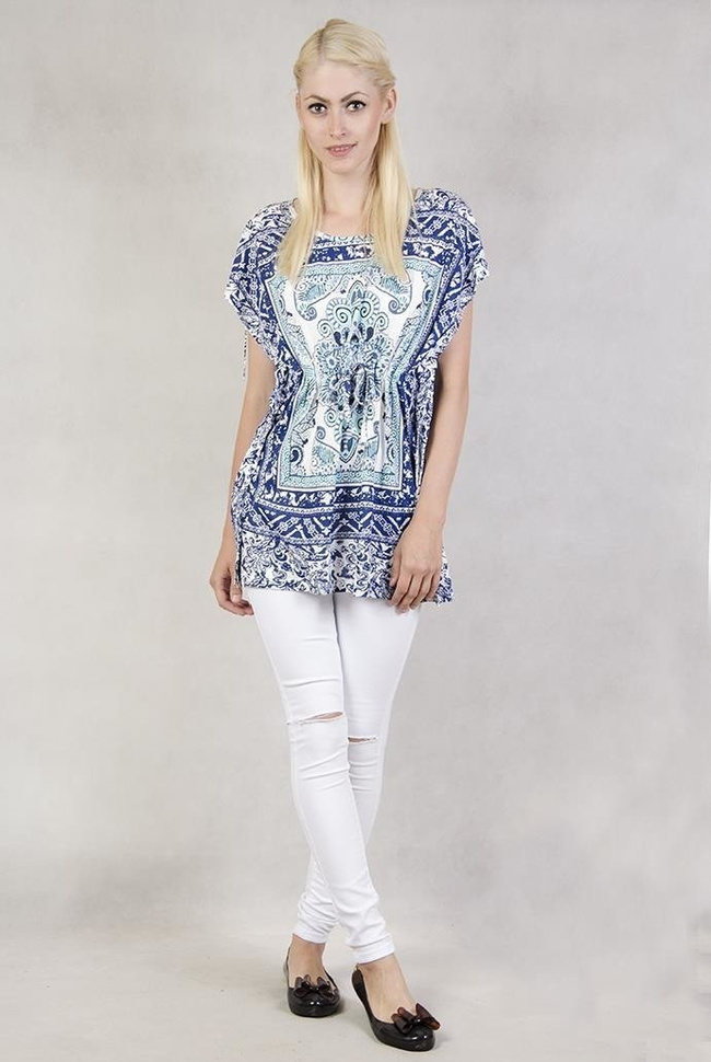 Wzorzysta bluzka niebiesko-turkusowa ściągana w pasie