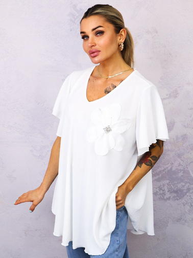 BLUZKA Z KWIATEM I OZDOBNYMI CYRKONIAMI- BIAŁA