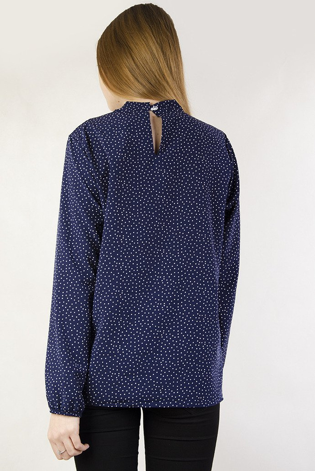 Granatowa bluzka koszulowa w  białe kropki z wiązaniem przy dekolcie