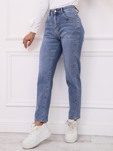 SPODNIE JEANSOWE MOM FIT ZDOBIONE CYRKONIAMI- NIEBIESKIE