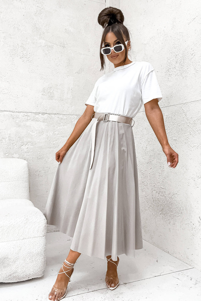 ROZKLOSZOWANA BAWEŁNIANA SPÓDNICA Z PASKIEM- SZARA