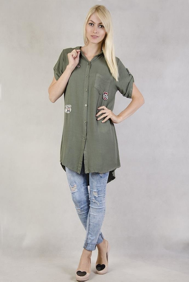 Koszula khaki z naszywkami i przedłużanym tyłem