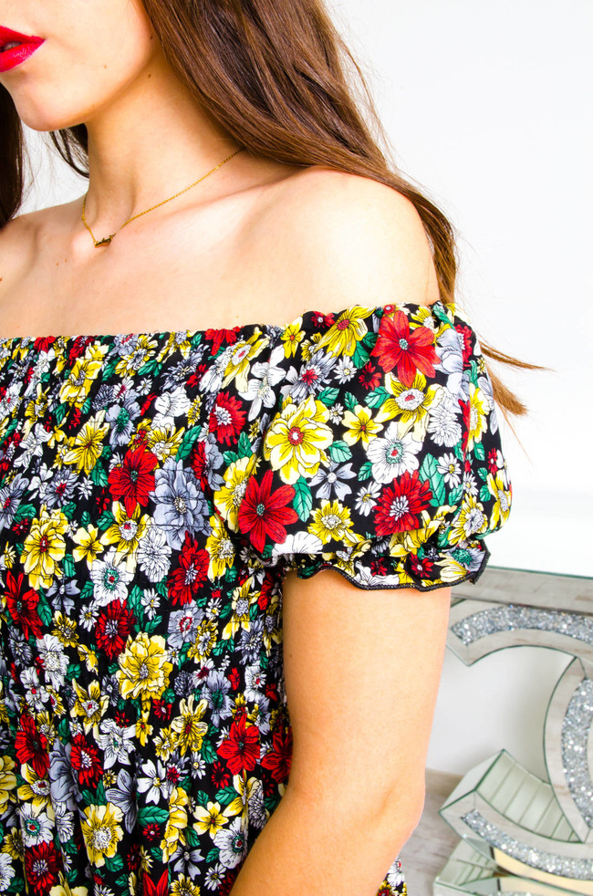 CZARNA DŁUGA SUKIENKA HISZPANKA W KWIATY