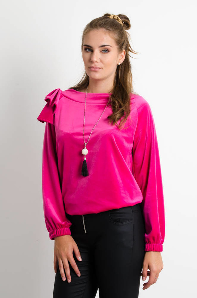 RÓŻOWA BLUZA WELUROWA Z FALBANKĄ