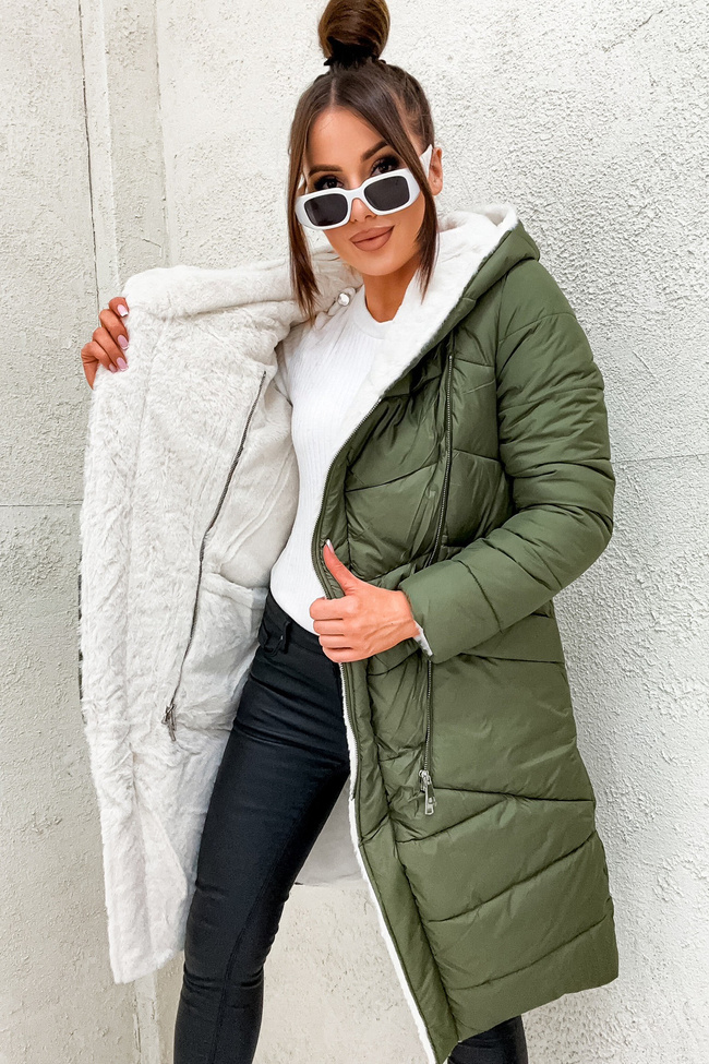 DŁUGA DWUSTRONNA KURTKA Z FUTERKIEM- ZIELONA