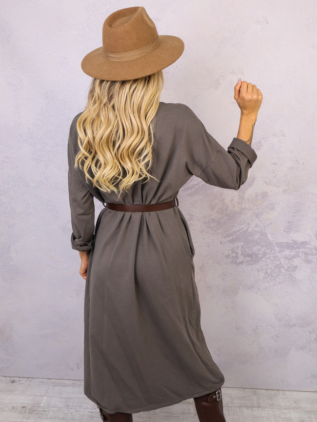 SUKIENKA MIDI Z DEKOLTEM W SEREK+ PASEK- CIEMNO SZARY