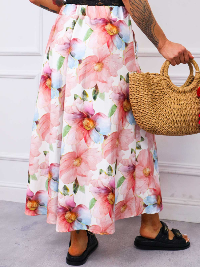 SPÓDNICA MIDI W KWIATY- RÓŻOWA