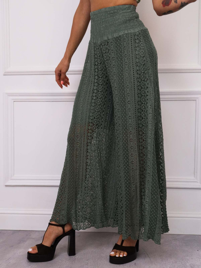 SPODNIE Z KORONKOWYMI NOGAWKAMI I SZEROKIM PASEM- ZIELONE