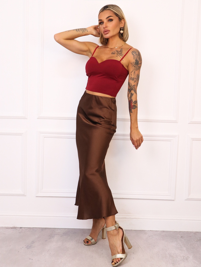 SATYNOWA SPÓDNICA Z GUMKĄ W PASIE - CZEKOLADOWA