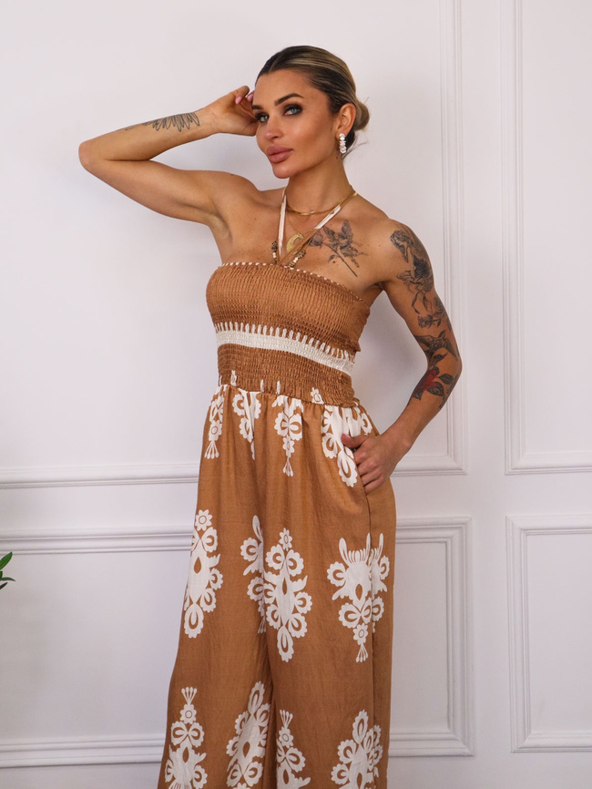 KOMBINEZON WZORZYSTY BEZ RAMIĄCZEK- BRĄZOWY