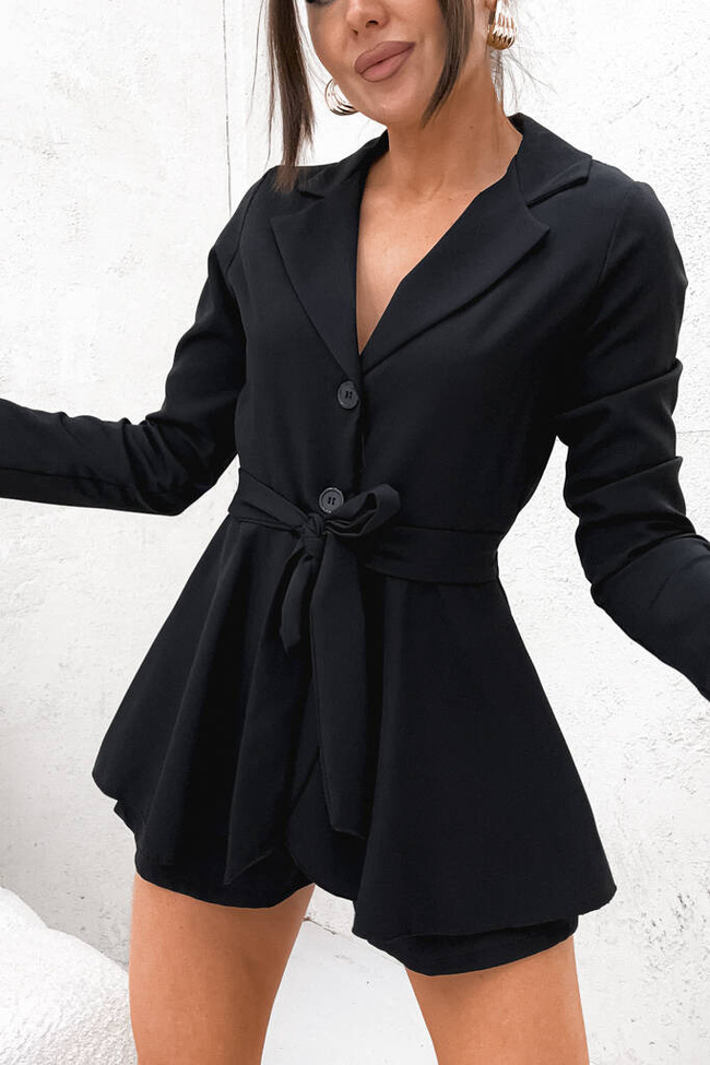 KOMBINEZON WIĄZANY W PASIE ZAPINANY NA GUZIKI- CZARNY