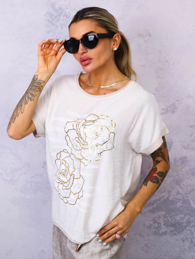 BLUZKA Z OZDOBNYMI ZŁOTYMI KWIATAMI- JASNOBEŻOWA