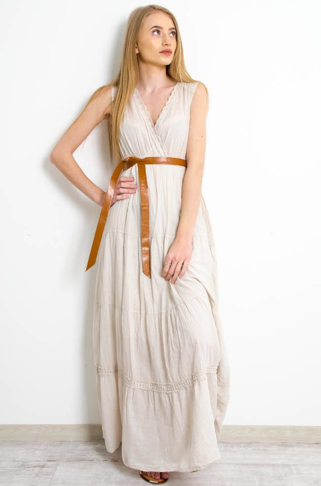 BEŻOWA SUKIENKA MAXI Z BRĄZOWYM PASKIEM-AŻUROWE WSTAWKI