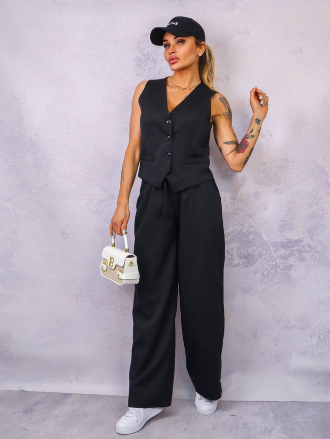 KOMPLET KAMIZELKA+ SPODNIE Z SZEROKIMI NOGAWKAMI- CZARNY