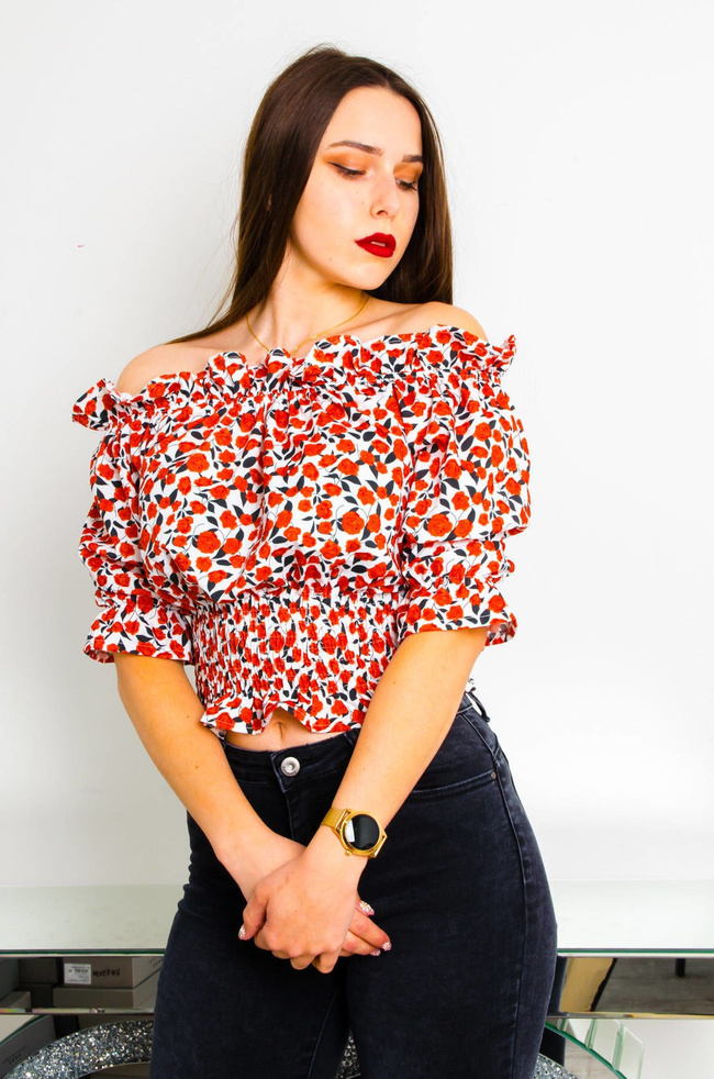 BIAŁA BLUZKA HISZPANKA W CZERWONE KWIATY