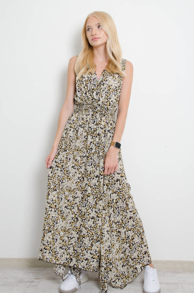 SUKIENKA W KWIATY Z ZAKŁADKĄ - CZARNA