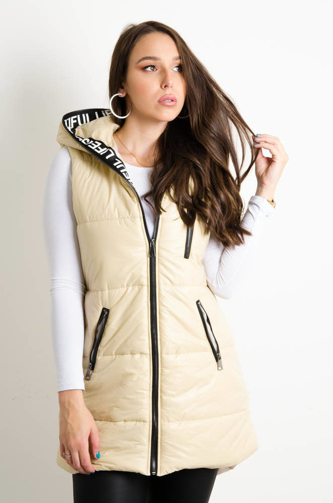 BEŻOWA DŁUGA KAMIZELKA Z KAPTUREM