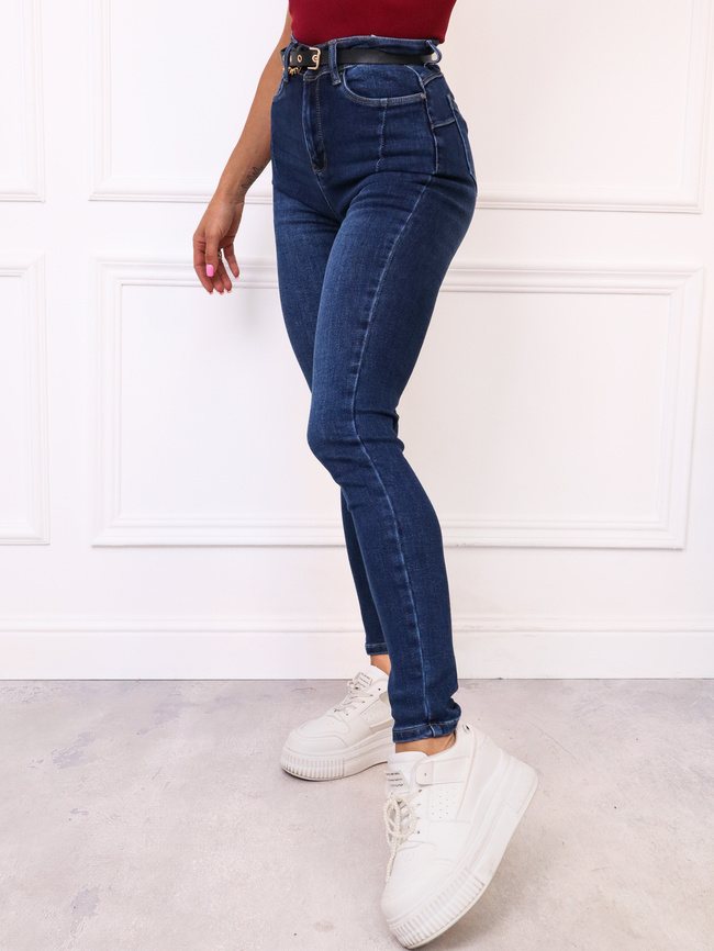 SPODNIE JEANSOWE SKINNY Z PRZESZYCIAMI PRZY KIESZENI + PASEK - GRANATOWE