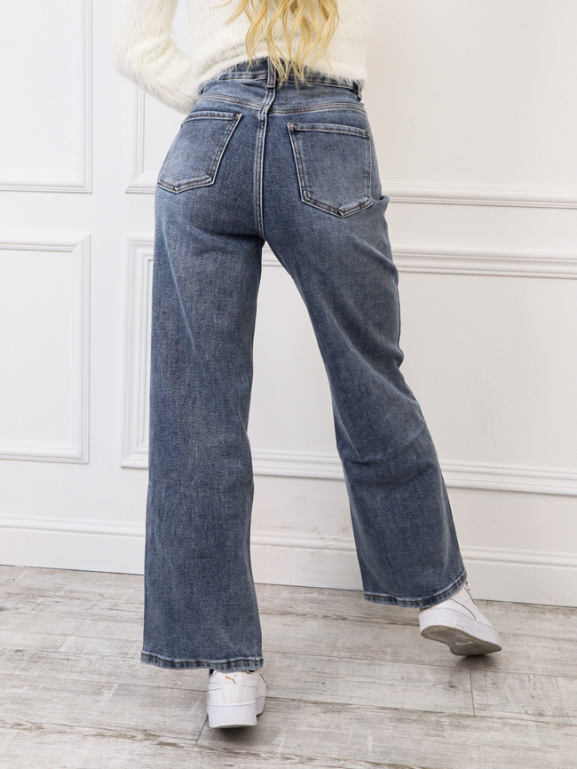 SPODNIE JEANSOWE Z SZEROKĄ NOGAWKĄ I WYSOKIM STANEM- CIEMNONIEBIESKIE