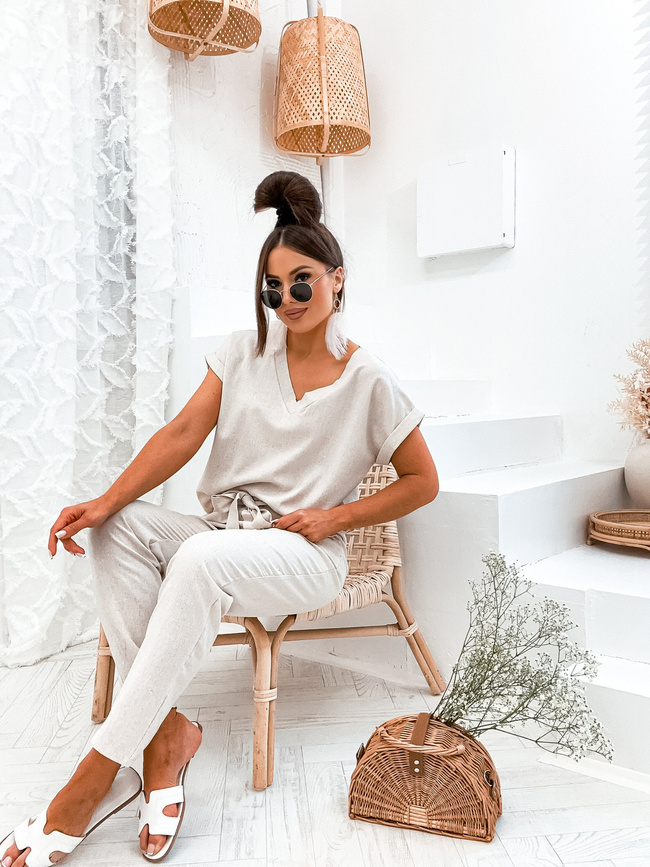 KOMPLET LNIANY BLUZKA+ SPODNIE Z PASKIEM- BEŻOWE