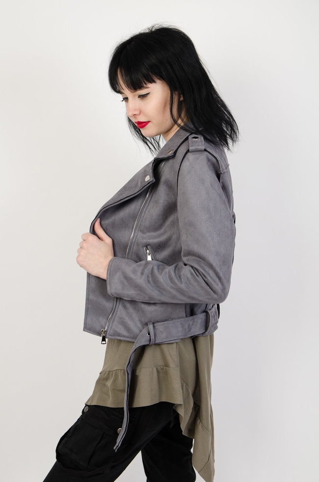 Szara zamszowa kurtka z paskiem na dole