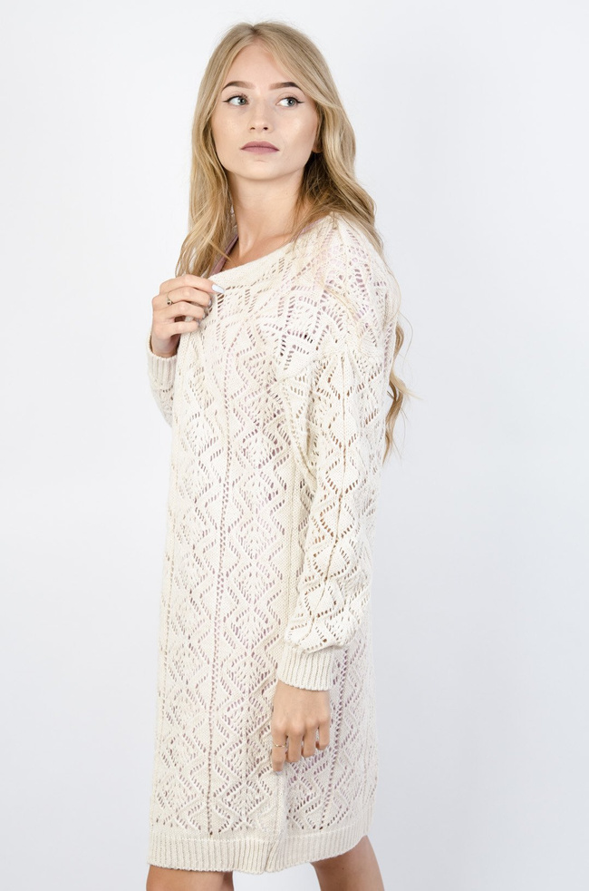 DŁUGI BEŻOWY AŻUROWY SWETER ZAPINANY NA GUZIKI